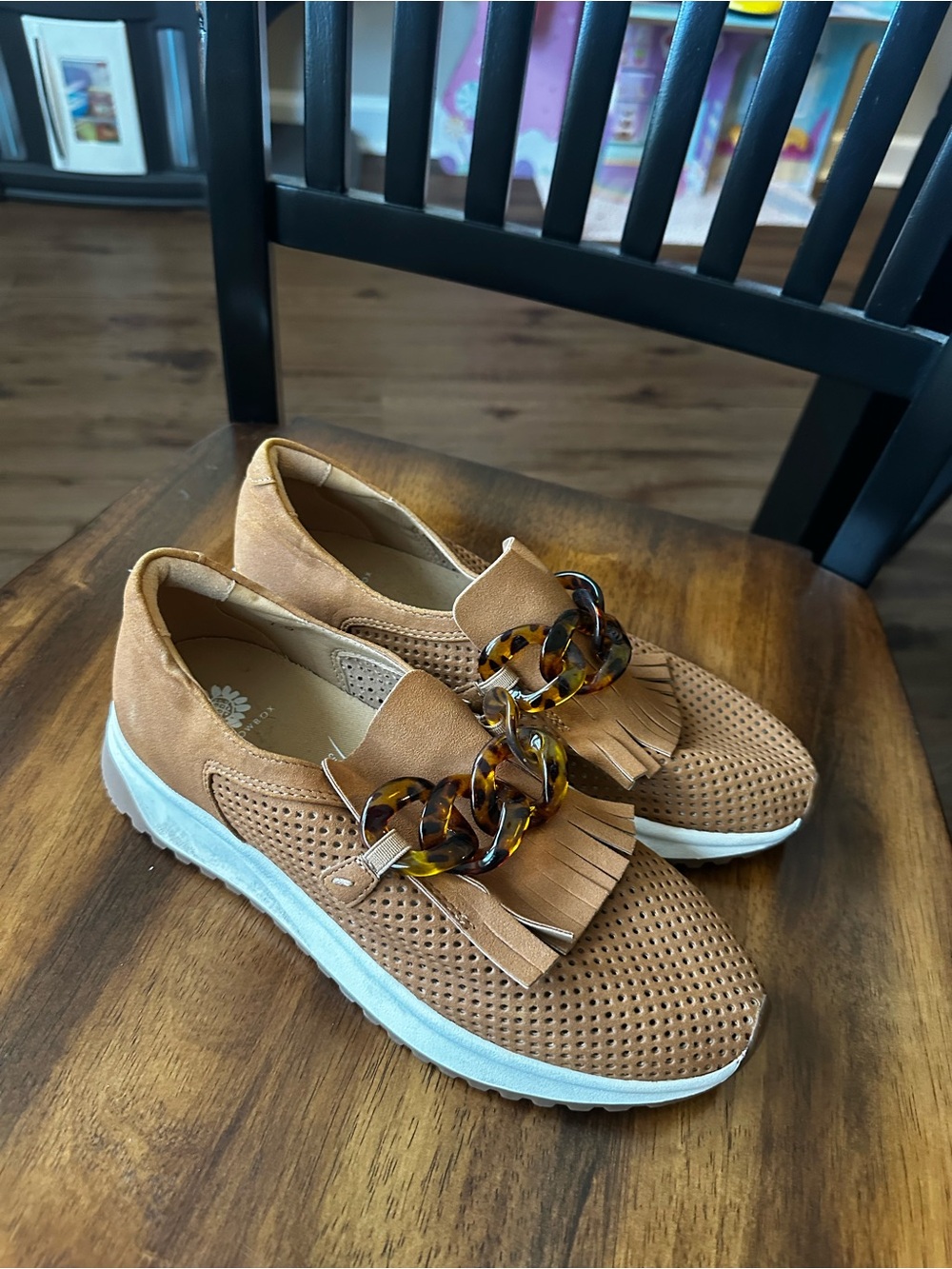 Yellow Box Tan Slip-On Sneakers with Tortoiseshell Chain
